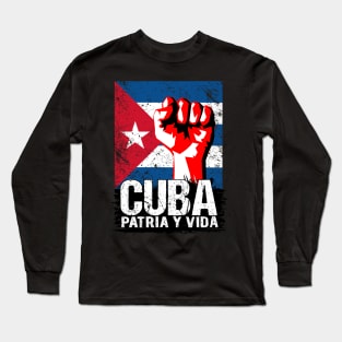 Cuba Patria Y Vida Patriotic Distressed Design Long Sleeve T-Shirt